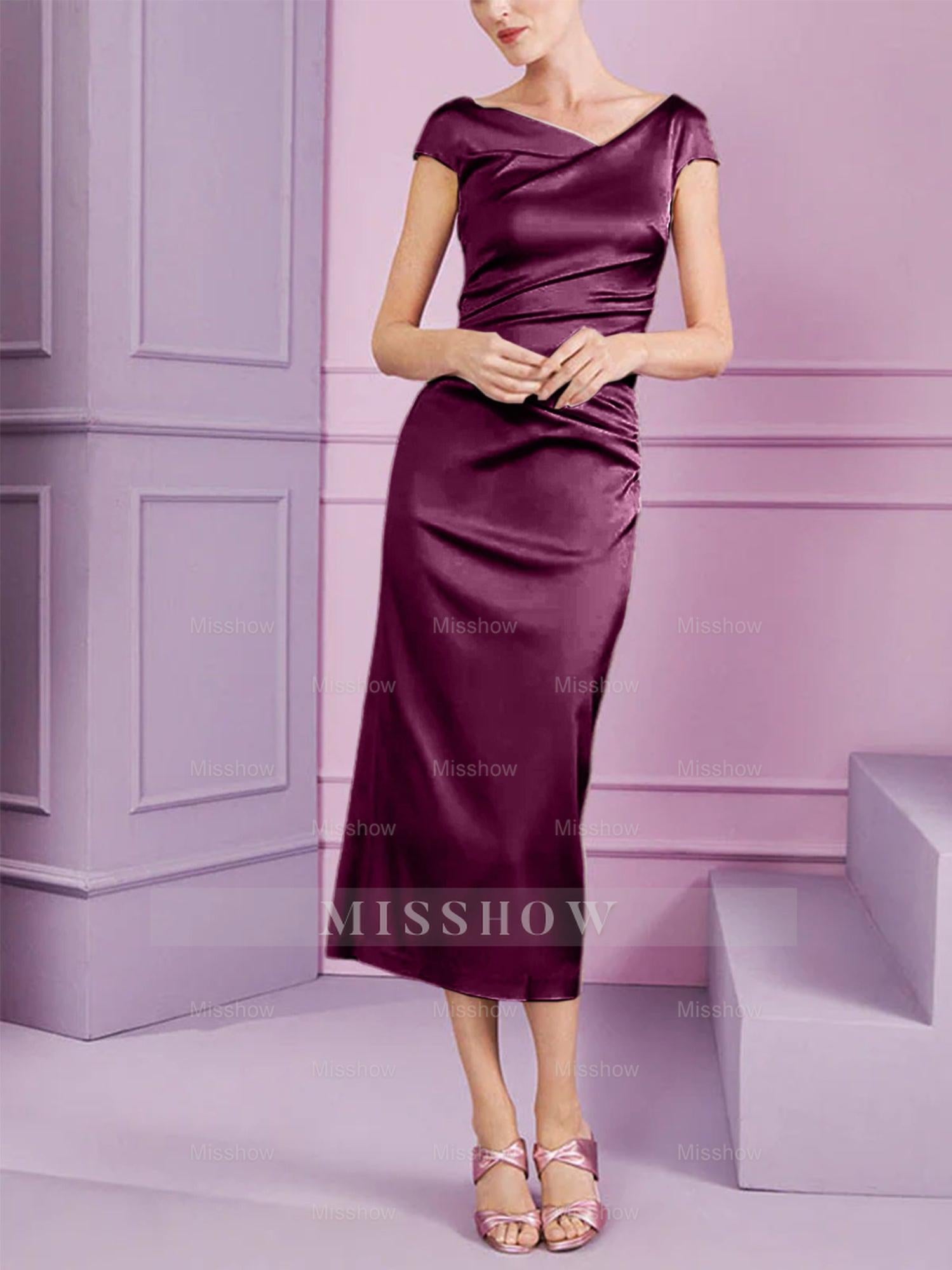 Short Sleeve Tea-Length Cowl Neck Sheath Dress with Ruffles for the Mother of the Bride