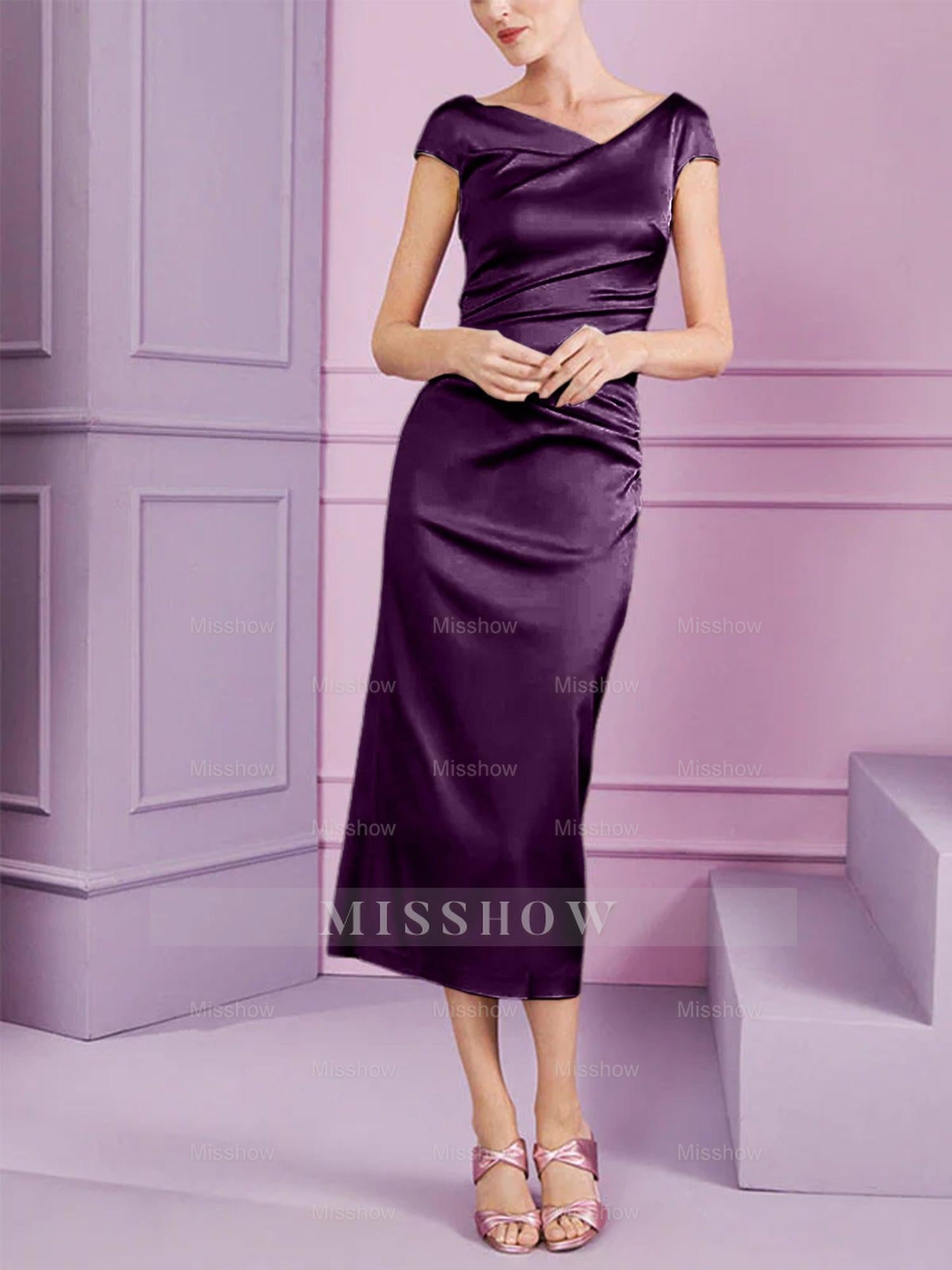 Short Sleeve Tea-Length Cowl Neck Sheath Dress with Ruffles for the Mother of the Bride