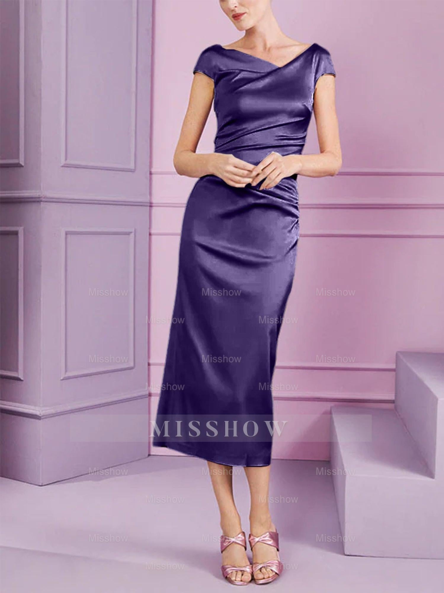 Short Sleeve Tea-Length Cowl Neck Sheath Dress with Ruffles for the Mother of the Bride