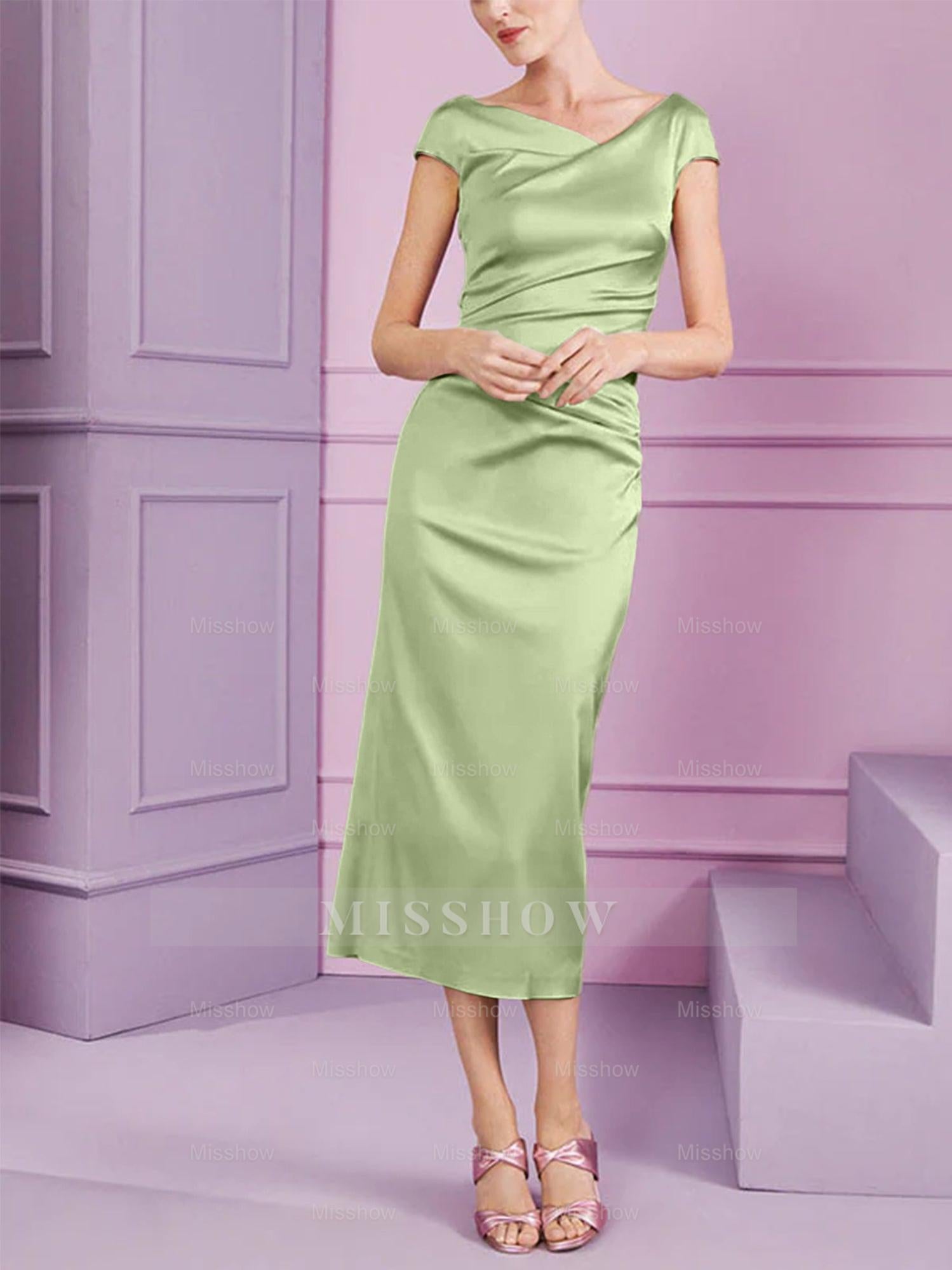 Short Sleeve Tea-Length Cowl Neck Sheath Dress with Ruffles for the Mother of the Bride