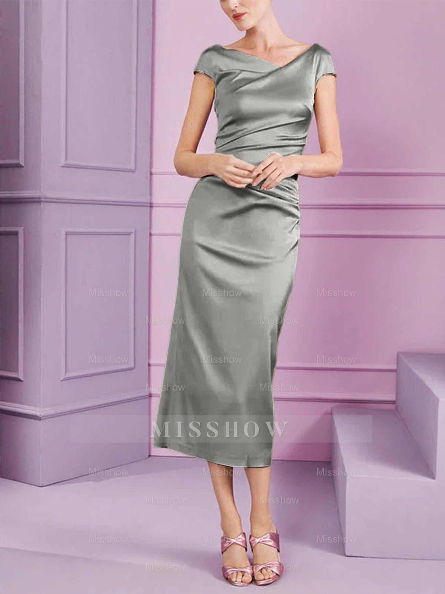 Short Sleeve Tea-Length Cowl Neck Sheath Dress with Ruffles for the Mother of the Bride