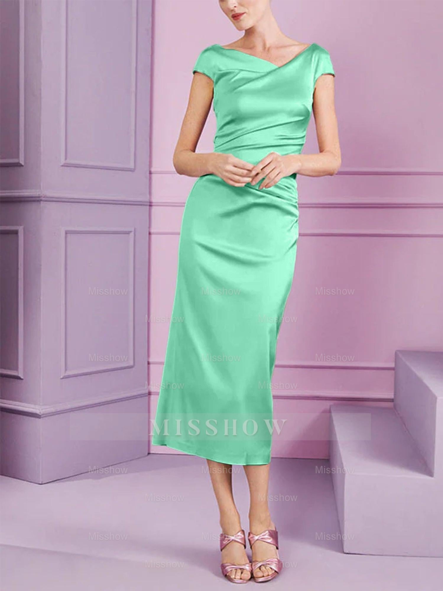 Short Sleeve Tea-Length Cowl Neck Sheath Dress with Ruffles for the Mother of the Bride