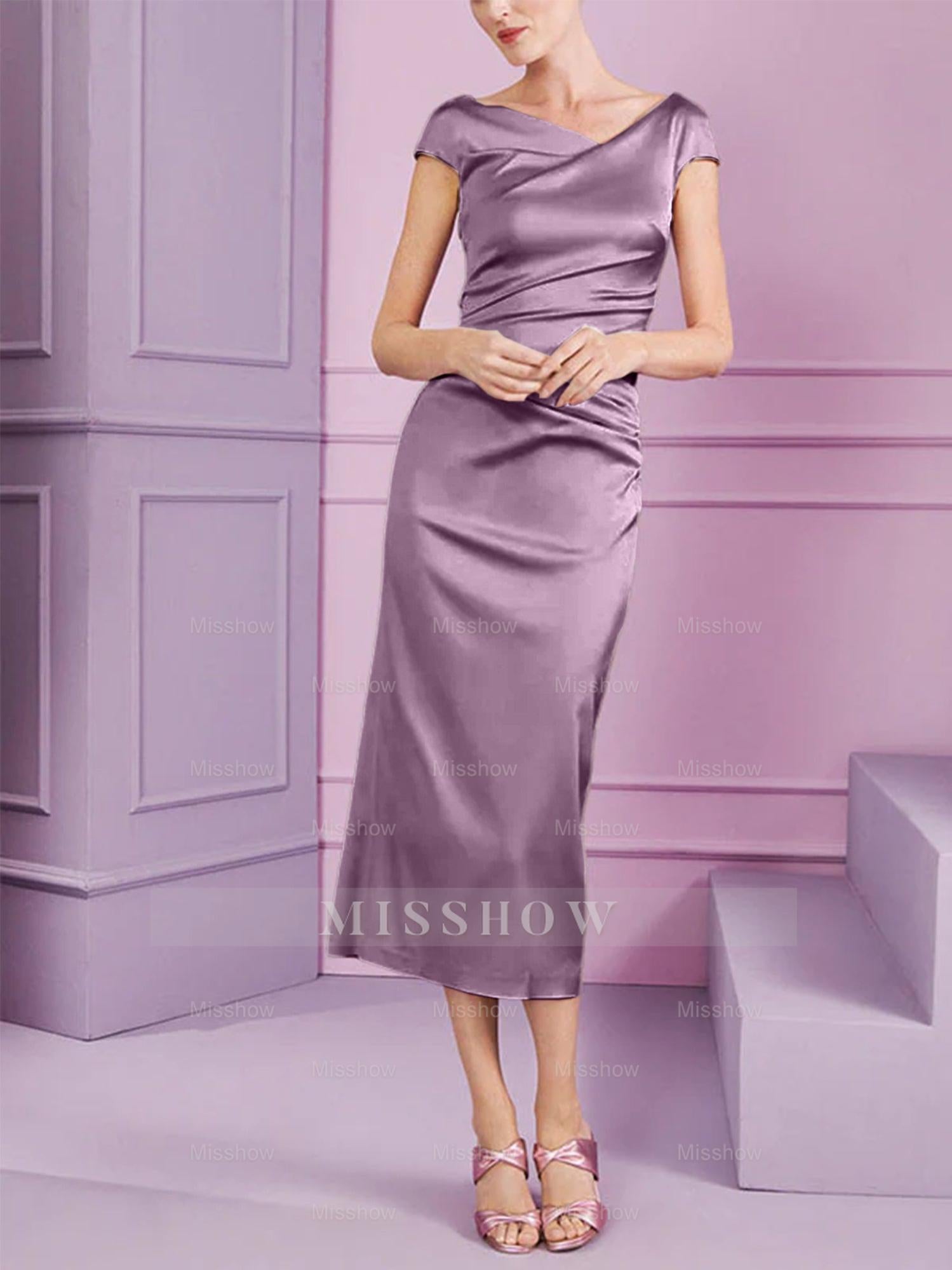 Short Sleeve Tea-Length Cowl Neck Sheath Dress with Ruffles for the Mother of the Bride