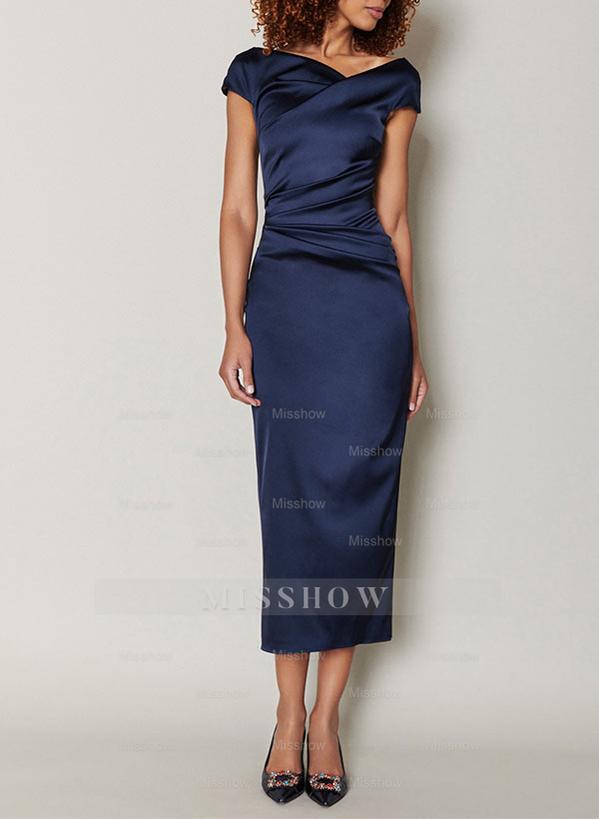 Short Sleeve Tea-Length Cowl Neck Sheath Dress with Ruffles for the Mother of the Bride