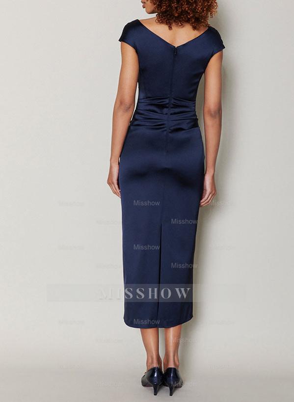 Short Sleeve Tea-Length Cowl Neck Sheath Dress with Ruffles for the Mother of the Bride