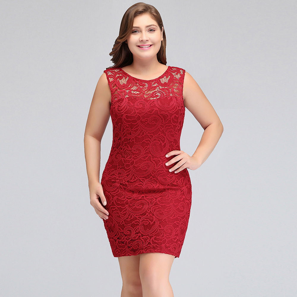 Looking for plussizedress in Lace, A-line style, and Gorgeous Lace work  MISSHOW has all covered on this elegant Short Sleeveless Mermaid Scoop Plus size Lace Cocktail Dresses.