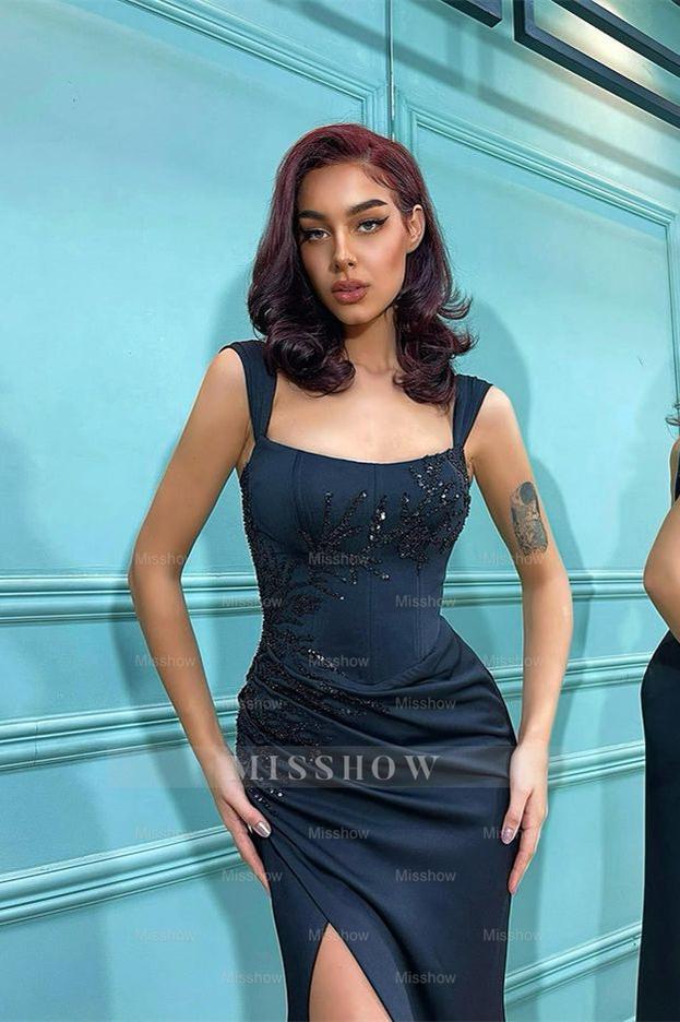 Shoulder Straps Front Split Black Mermaid Formal Dress With Beading