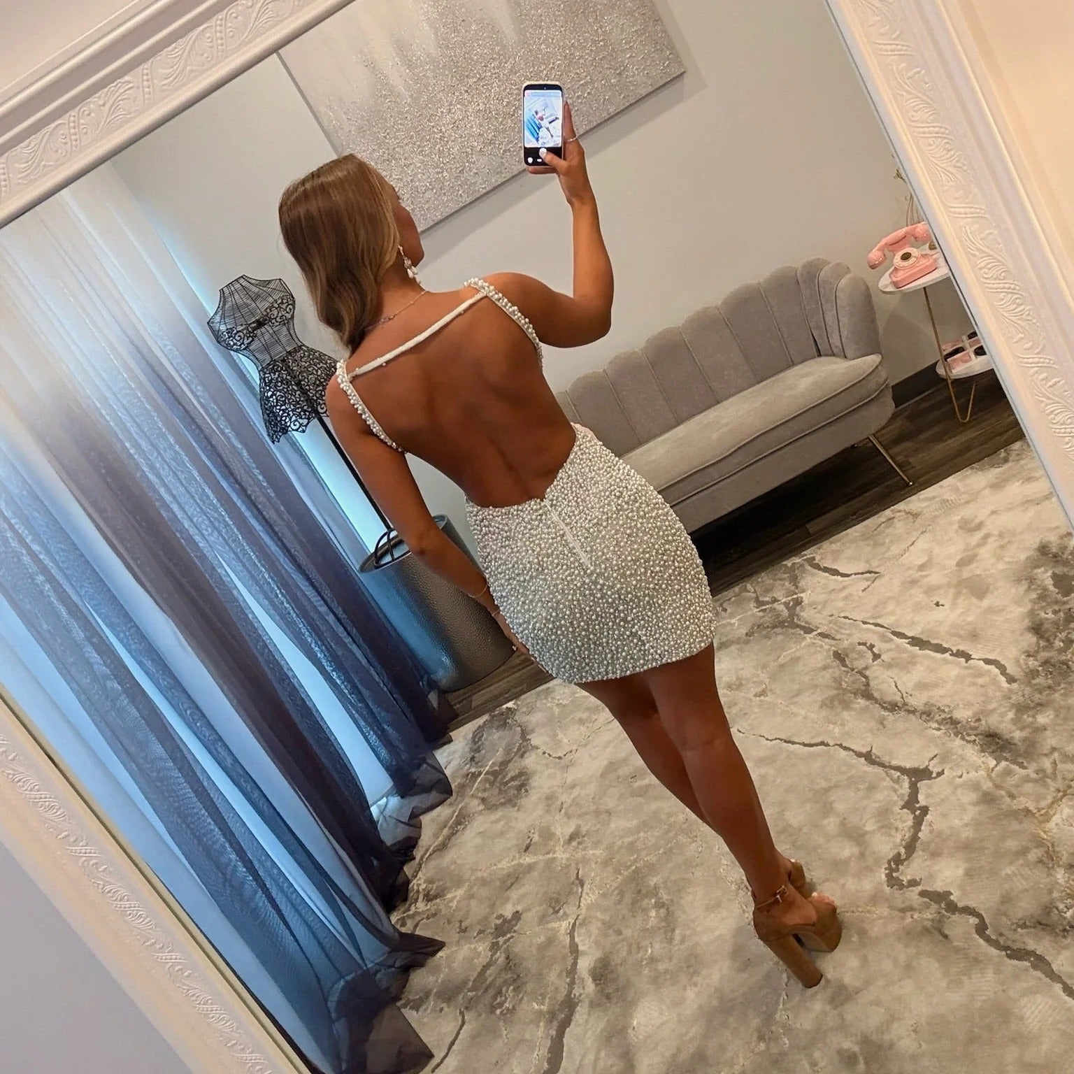 Silver Deep V-Neck Pearl Beading Strap Open Back Fitted Bodycon Homecoming Dress Mini