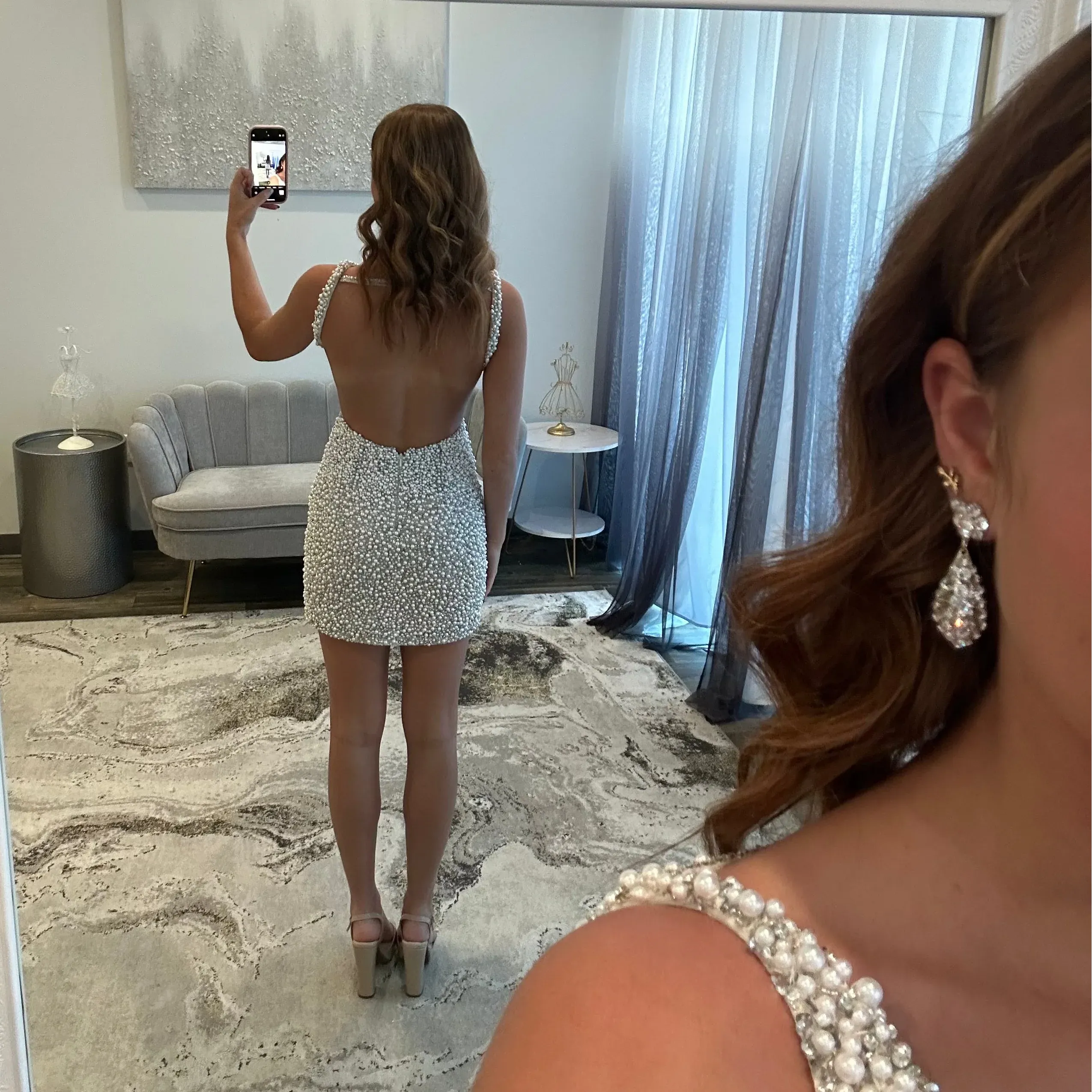 Silver Deep V-Neck Pearl Beading Strap Open Back Fitted Bodycon Homecoming Dress Mini