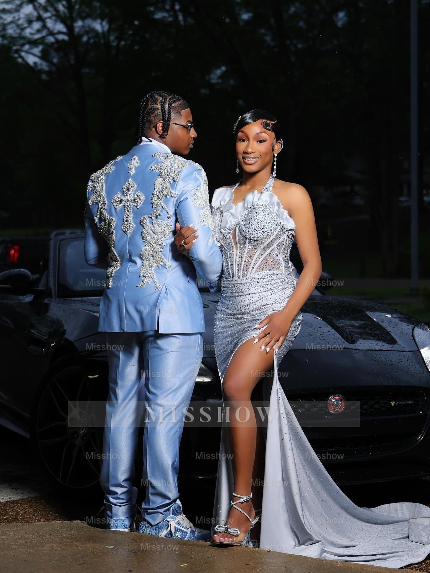 Silver Halter Prom Dress Beaded Mermaid Gown with High Slit