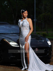 Silver Halter Prom Dress Beaded Mermaid Gown with High Slit