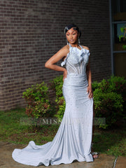 Silver Halter Prom Dress Beaded Mermaid Gown with High Slit
