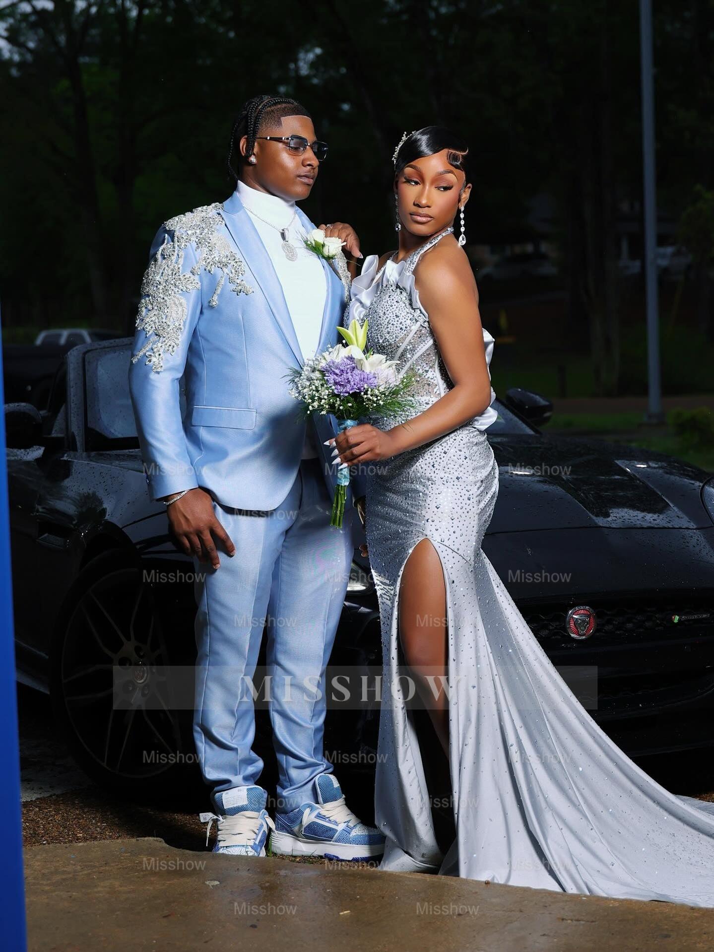 Silver Halter Prom Dress Beaded Mermaid Gown with High Slit