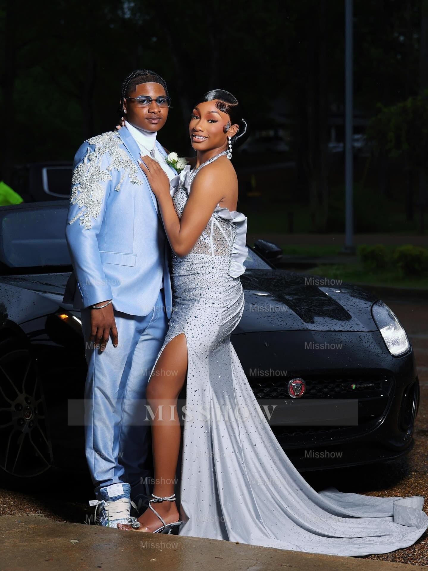 Silver Halter Prom Dress Beaded Mermaid Gown with High Slit