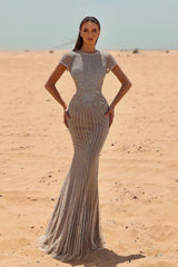 Silver High Neck Short Sleeves Mermaid Sequined Beaded Floor Length Formal Evening Gown
