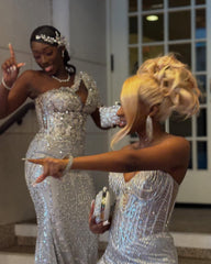 Silver Mermaid Prom Dress Deep V Sweetheart Cutout One Shoulder 3D White Silver Floral Beading Cluster Short Puff Sleeve Sheer Illusion Corset Silver Geometric Baroque Scroll Sequin Rhinestone Court Train Gown