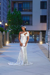 Silver Mermaid Prom Dress Deep V Sweetheart Cutout One Shoulder 3D White Silver Floral Beading Cluster Short Puff Sleeve Sheer Illusion Corset Silver Geometric Baroque Scroll Sequin Rhinestone Court Train Gown