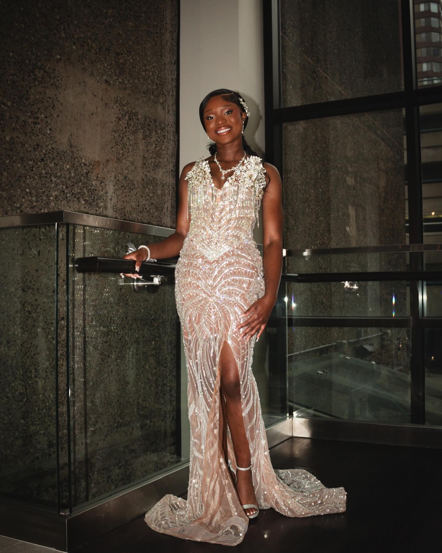 Silver Mermaid Prom Dress Deep V Sweetheart Sheer Illusion Boned Corset 3D Silver Rhinestone Crystal Floral Cluster Shoulder Heavy Silver Rhinestone Crystal Fringe Chain Tassel Silver Baroque Scroll Vine Beading Sequin High Split Sweep Train Gown