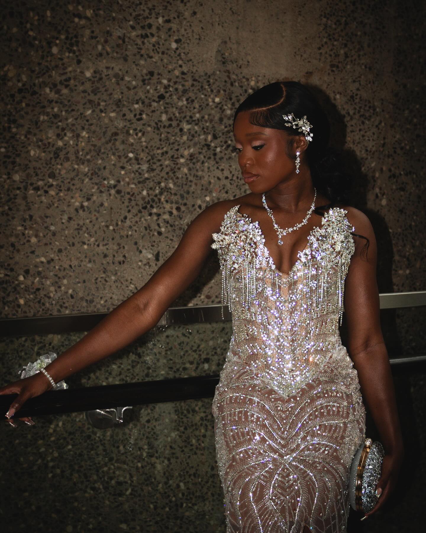 Silver Mermaid Prom Dress Deep V Sweetheart Sheer Illusion Boned Corset 3D Silver Rhinestone Crystal Floral Cluster Shoulder Heavy Silver Rhinestone Crystal Fringe Chain Tassel Silver Baroque Scroll Vine Beading Sequin High Split Sweep Train Gown