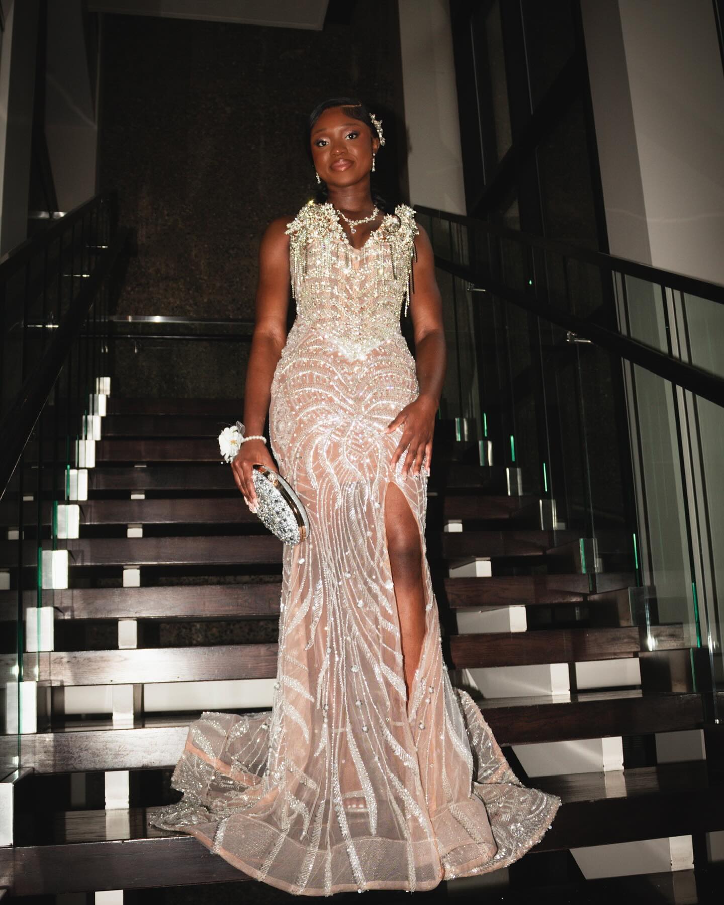 Silver Mermaid Prom Dress Deep V Sweetheart Sheer Illusion Boned Corset 3D Silver Rhinestone Crystal Floral Cluster Shoulder Heavy Silver Rhinestone Crystal Fringe Chain Tassel Silver Baroque Scroll Vine Beading Sequin High Split Sweep Train Gown
