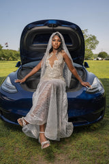 Silver Mermaid Prom Dress Deep V Sweetheart Sheer Illusion Gold Crystal 3D Floral Beaded Corset Rhinestone Waist Band Silver Glitter Web Lace Overskirt Detachable Veil Sweep Train Gown
