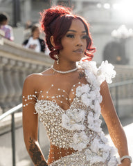 Silver Mermaid Prom Dress Deep V Sweetheart Sheer Illusion Pearl Beaded Corset One Shoulder 3D White Organza Floral Bloom Scattered Pearl Waist Cutout All-Over Sequin Rhinestone High Split Sweep Train Gown