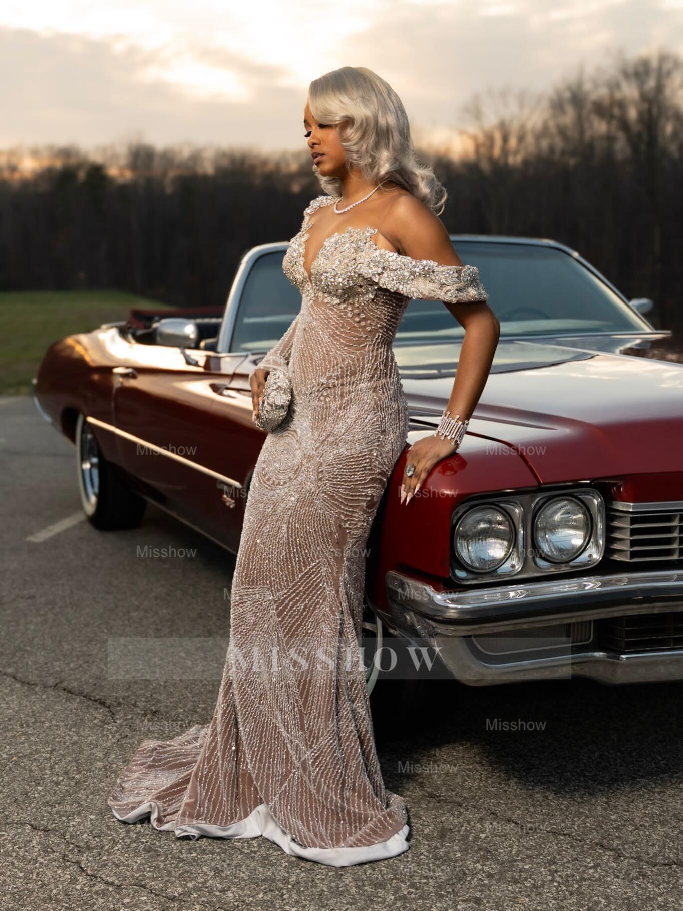 Silver One Shoulder Prom Dress Beaded Mermaid Gown with Long Sleeve