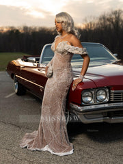 Silver One Shoulder Prom Dress Beaded Mermaid Gown with Long Sleeve