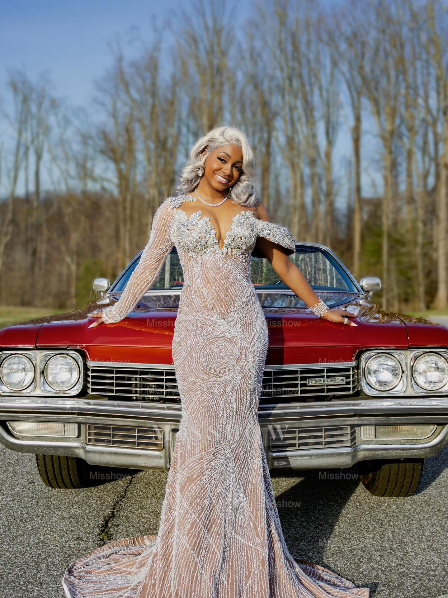 Silver One Shoulder Prom Dress Beaded Mermaid Gown with Long Sleeve