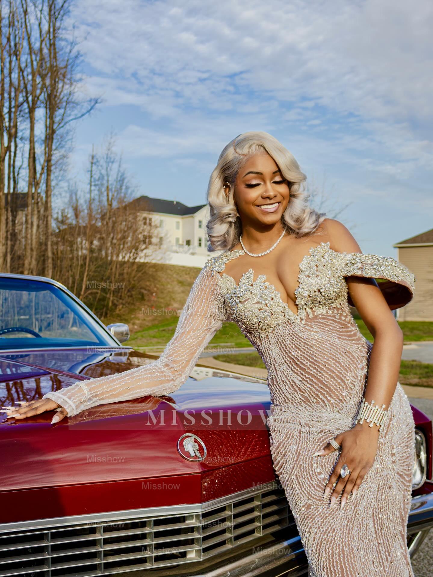 Silver One Shoulder Prom Dress Beaded Mermaid Gown with Long Sleeve