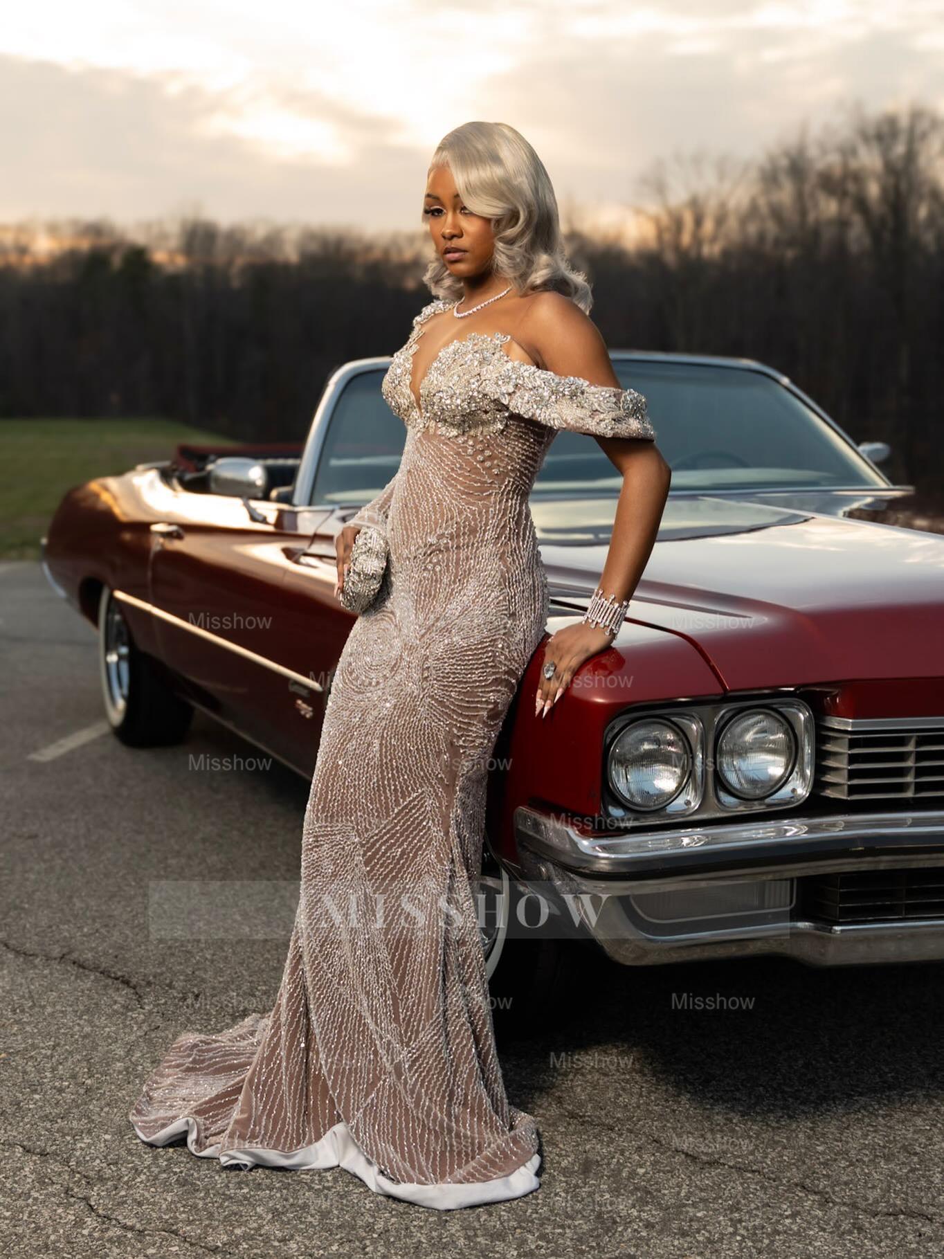 Silver One Shoulder Prom Dress Beaded Mermaid Gown with Long Sleeve