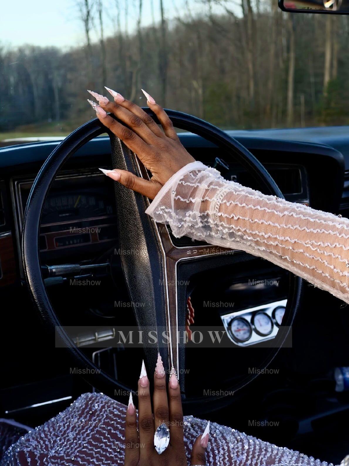 Silver One Shoulder Prom Dress Beaded Mermaid Gown with Long Sleeve