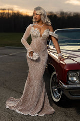 Silver One Shoulder Prom Dress Beaded Mermaid Gown with Long Sleeve