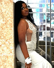 Silver Plus Size Mermaid Prom Dress Deep V Plunge Halter Neck Sheer Illusion Boned Corset Silver Baroque Scroll Vine Lace Embroidery Large Rhinestone Crystal Cluster Silver Bugle Bead Fringe Tassel Side Cutout Silver Shimmer Stretch Satin Court Train Gown