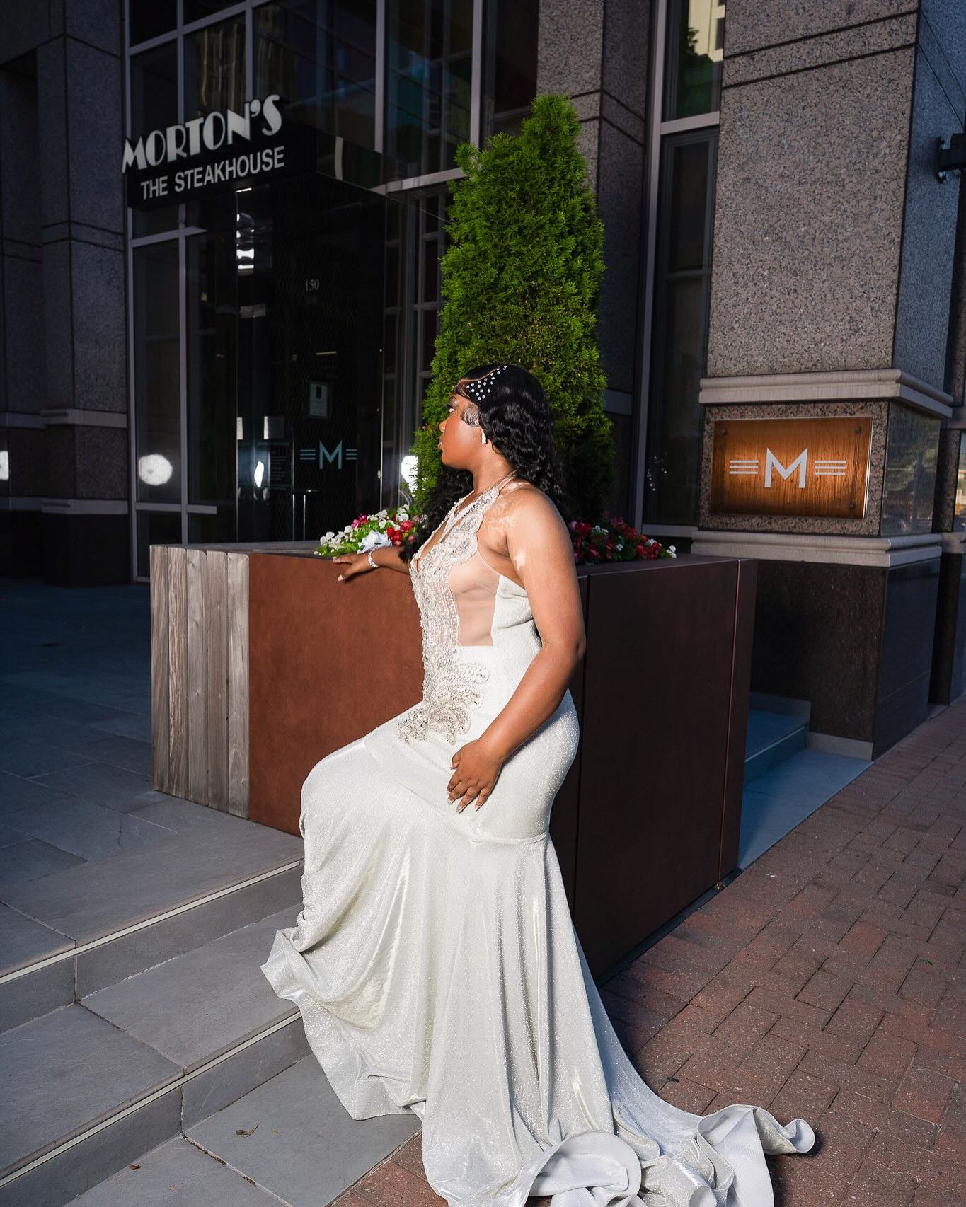Silver Plus Size Mermaid Prom Dress Deep V Plunge Halter Neck Sheer Illusion Boned Corset Silver Baroque Scroll Vine Lace Embroidery Large Rhinestone Crystal Cluster Silver Bugle Bead Fringe Tassel Side Cutout Silver Shimmer Stretch Satin Court Train Gown