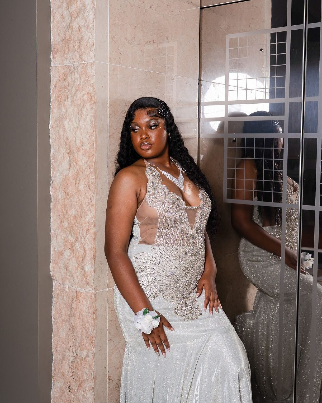 Silver Plus Size Mermaid Prom Dress Deep V Plunge Halter Neck Sheer Illusion Boned Corset Silver Baroque Scroll Vine Lace Embroidery Large Rhinestone Silver Plus Size Mermaid Prom Dress Deep V Plunge Halter Neck Sheer Illusion Boned Corset Silver Baroque Scroll Vine Lace Embroidery Large Rhinestone