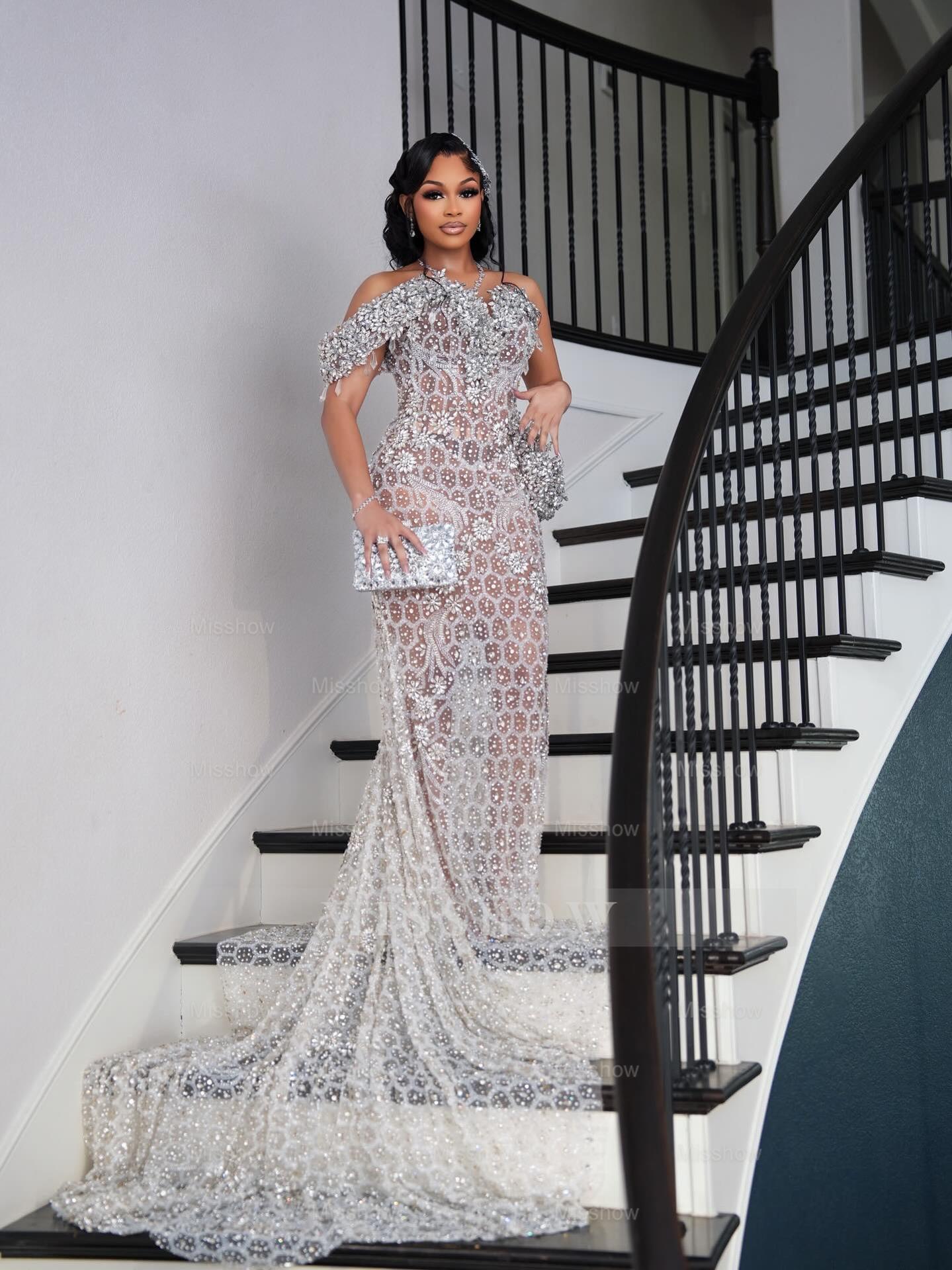 Silver sweetheart rhinestone mermaid prom dress