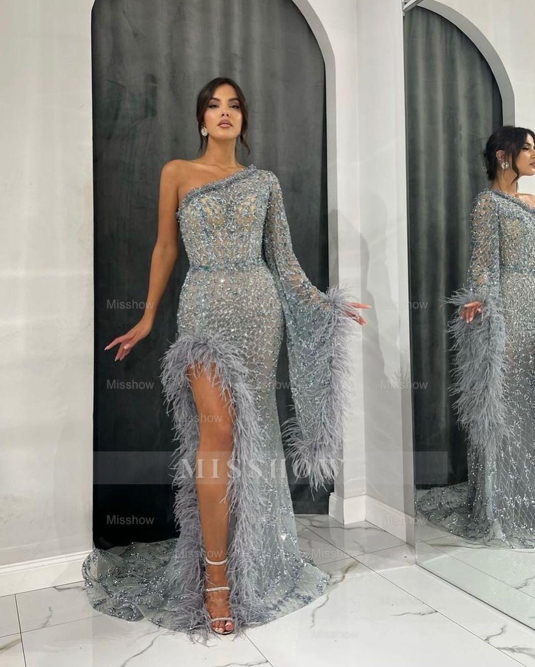 Silver Rhinestone One Shoulder Long Sleeve Sequined Mermaid Floor Length Evening Dress