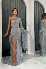 Silver Rhinestone One Shoulder Long Sleeve Sequined Mermaid Floor Length Evening Dress