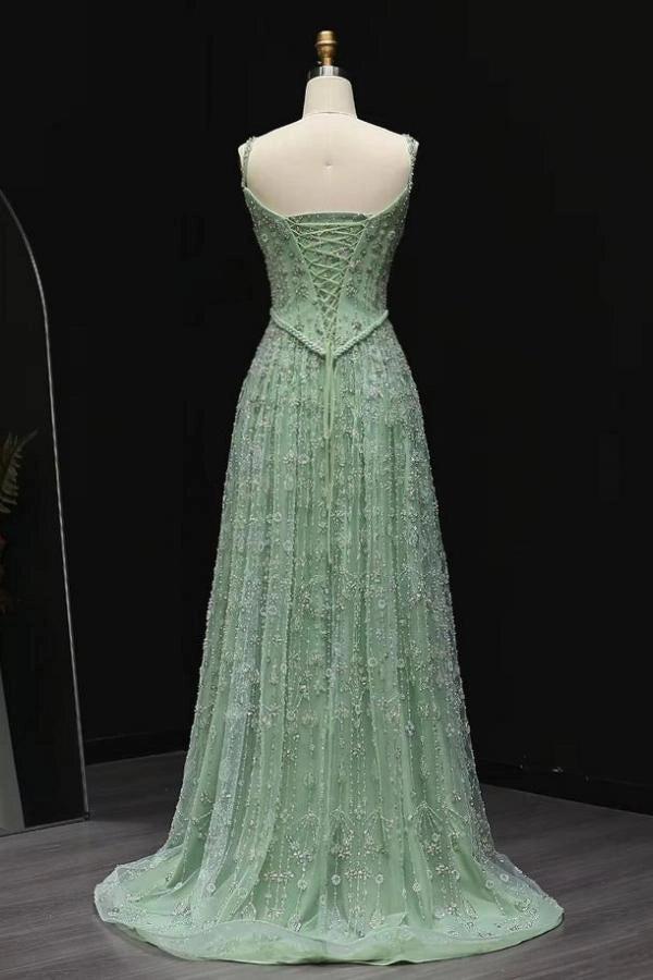 Silver Sage Spaghetti Straps Square Neck Beaded A-Line Lace Floor Formal Evening Gown