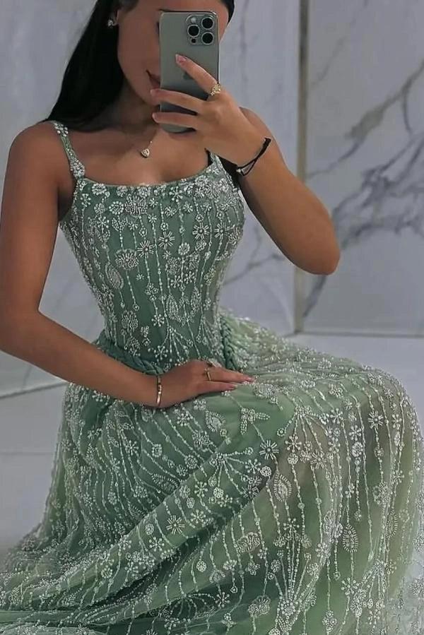 Silver Sage Spaghetti Straps Square Neck Beaded A-Line Lace Floor Formal Evening Gown