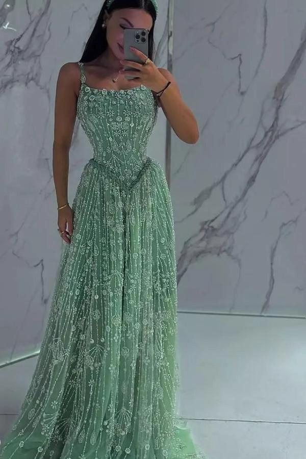 Silver Sage Spaghetti Straps Square Neck Beaded A-Line Lace Floor Formal Evening Gown