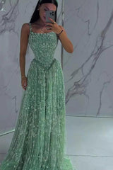 Silver Sage Spaghetti Straps Square Neck Beaded A-Line Lace Floor Formal Evening Gown