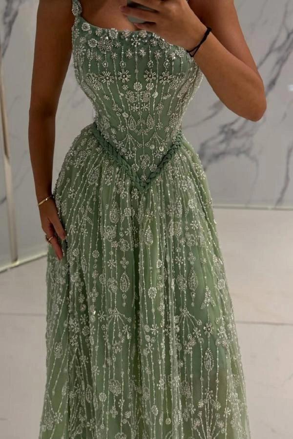Silver Sage Spaghetti Straps Square Neck Beaded A-Line Lace Floor Formal Evening Gown