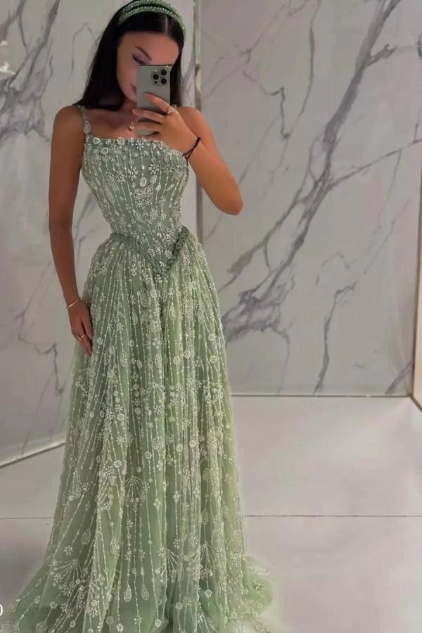 Silver Sage Spaghetti Straps Square Neck Beaded A-Line Lace Floor Formal Evening Gown