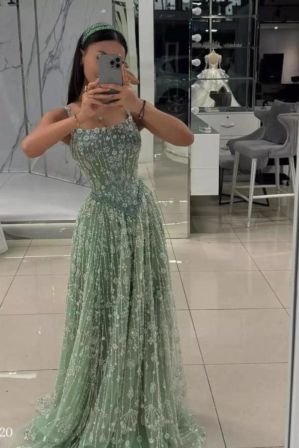 Silver Sage Spaghetti Straps Square Neck Beaded A-Line Lace Floor Formal Evening Gown