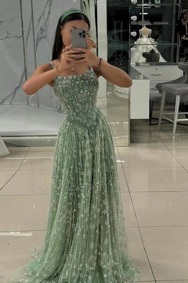 Silver Sage Spaghetti Straps Square Neck Beaded A-Line Lace Floor Formal Evening Gown