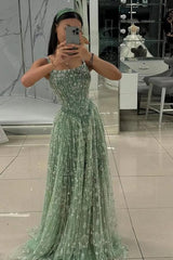 Silver Sage Spaghetti Straps Square Neck Beaded A-Line Lace Floor Formal Evening Gown