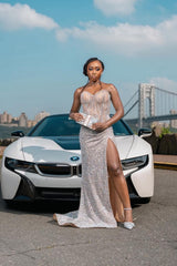 Silver Sequin Mermaid Prom Dress Halter Sweetheart Sheer Illusion Boned Corset Vertical Pearl Strand Crystal Rhinestone Beaded Bodice All-Over Sequin Rhinestone Skirt High Split Sweep Train Gown