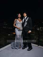 Silver Sequin Mermaid Prom Dress Strapless Sweetheart 3D Floral Beaded High Slit Evening Gown with Sweep Train